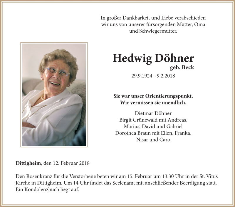  Traueranzeige für Hedwig Döhner vom 12.02.2018 aus Fränkische Nachrichten