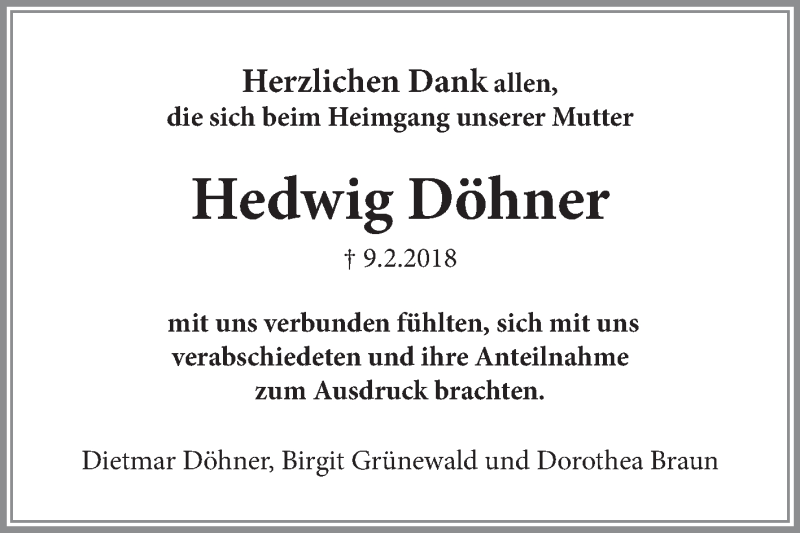  Traueranzeige für Hedwig Döhner vom 07.03.2018 aus Fränkische Nachrichten