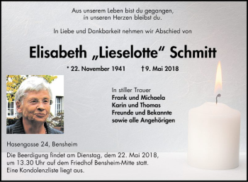 Traueranzeige von Elisabeth Lieselotte Schmitt von Bergsträßer Anzeiger