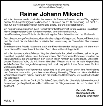 Traueranzeige von Rainer Johann Miksch von Fränkische Nachrichten
