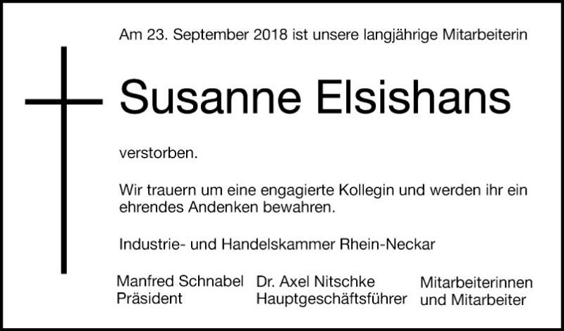  Traueranzeige für Susanne Elsishans vom 29.09.2018 aus Mannheimer Morgen