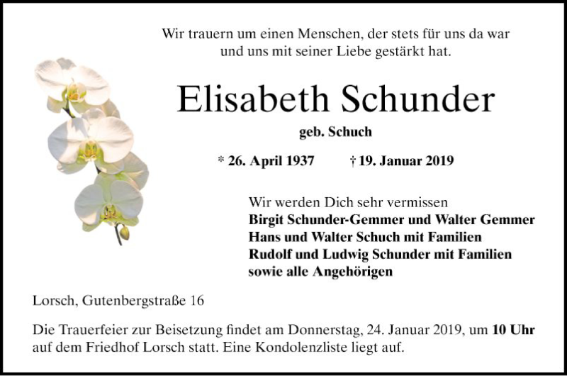  Traueranzeige für Elisabeth Schunder vom 22.01.2019 aus Bergsträßer Anzeiger