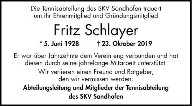  Traueranzeige für Fritz Schlayer vom 31.10.2019 aus Mannheimer Morgen