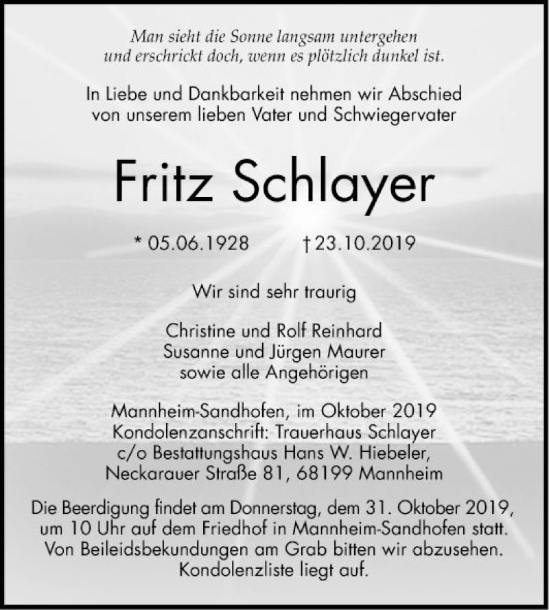  Traueranzeige für Fritz Schlayer vom 26.10.2019 aus Mannheimer Morgen