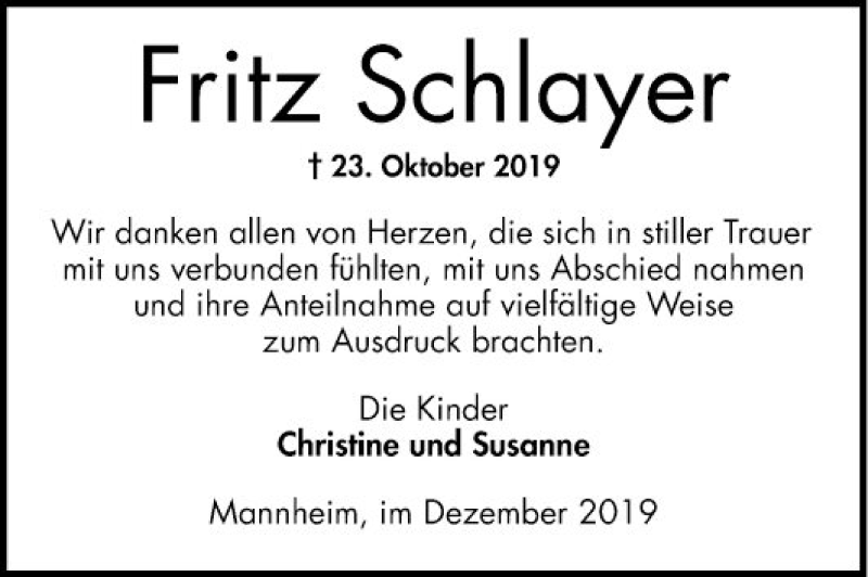  Traueranzeige für Fritz Schlayer vom 05.12.2019 aus Mannheimer Morgen