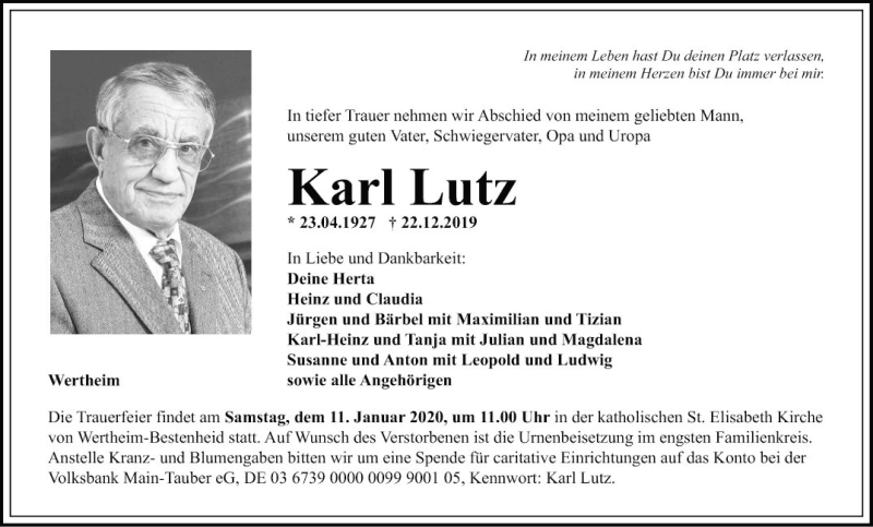  Traueranzeige für Karl Lutz vom 28.12.2019 aus Fränkische Nachrichten