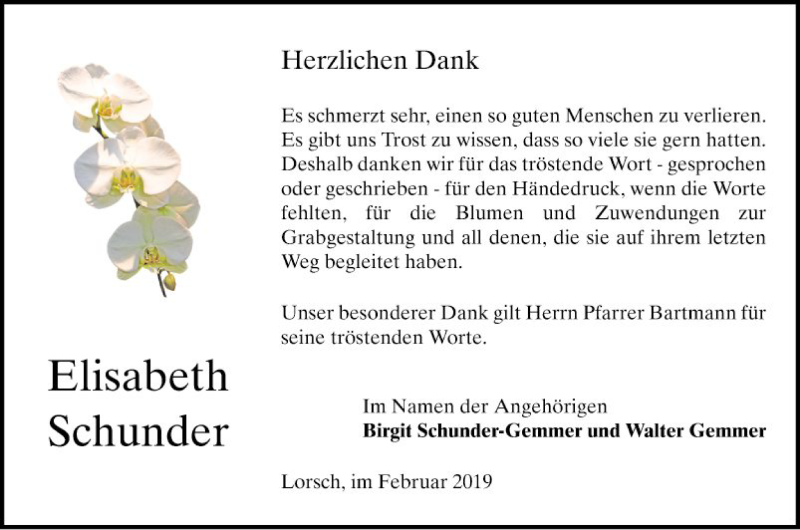  Traueranzeige für Elisabeth Schunder vom 09.02.2019 aus Bergsträßer Anzeiger