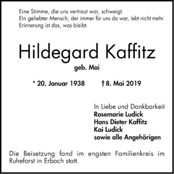 Traueranzeige von Hildegard Kaffitz von Bergsträßer Anzeiger
