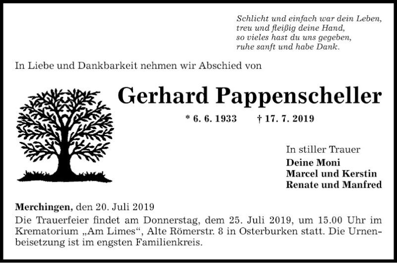  Traueranzeige für Gerhard Pappenscheller vom 20.07.2019 aus Fränkische Nachrichten