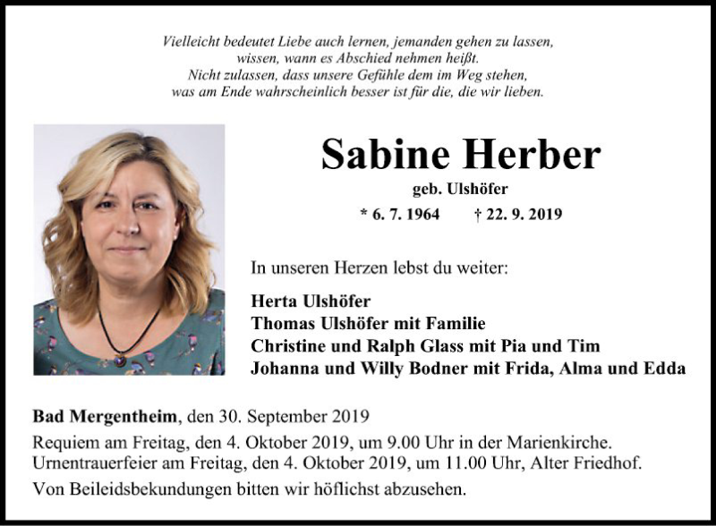  Traueranzeige für Sabine Herber vom 30.09.2019 aus Fränkische Nachrichten