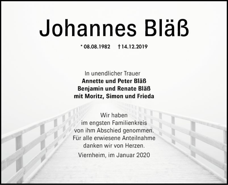  Traueranzeige für Johannes Bläß vom 04.01.2020 aus Südhessen Morgen