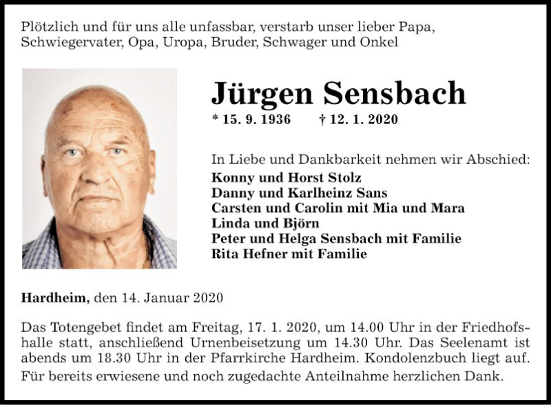  Traueranzeige für Jürgen Sensbach vom 14.01.2020 aus Fränkische Nachrichten