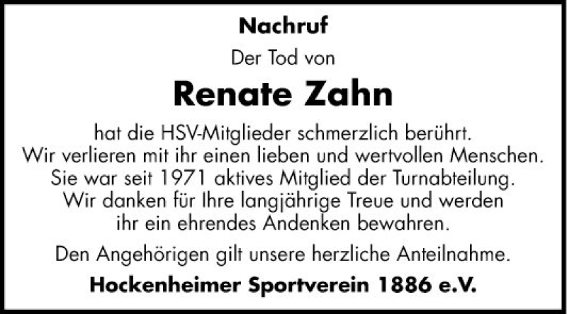  Traueranzeige für Renate Zahn vom 15.01.2020 aus Schwetzinger Zeitung