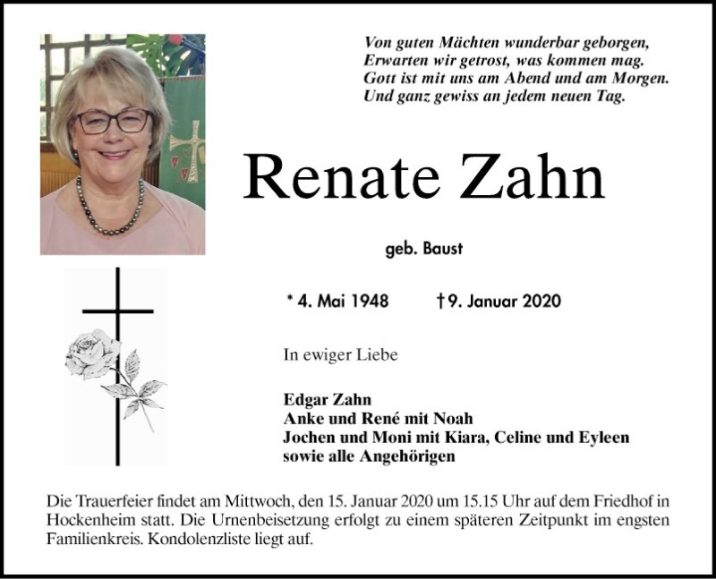  Traueranzeige für Renate Zahn vom 11.01.2020 aus Schwetzinger Zeitung