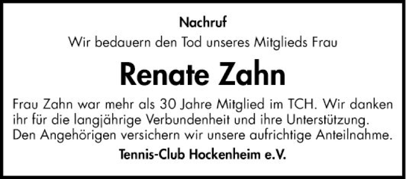  Traueranzeige für Renate Zahn vom 13.01.2020 aus Schwetzinger Zeitung