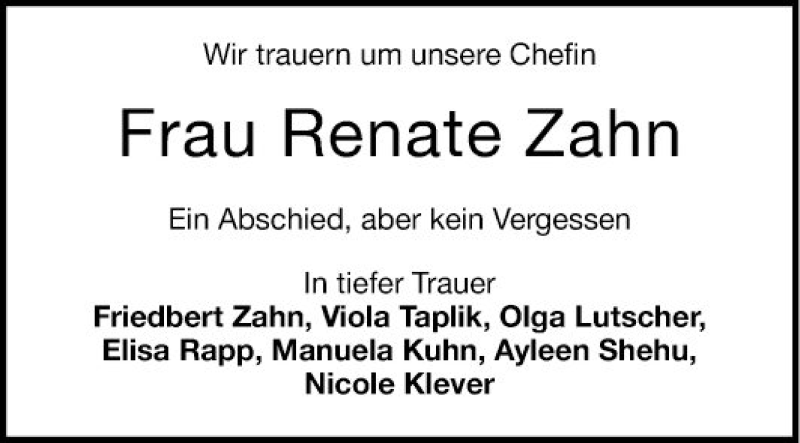  Traueranzeige für Renate Zahn vom 14.01.2020 aus Schwetzinger Zeitung