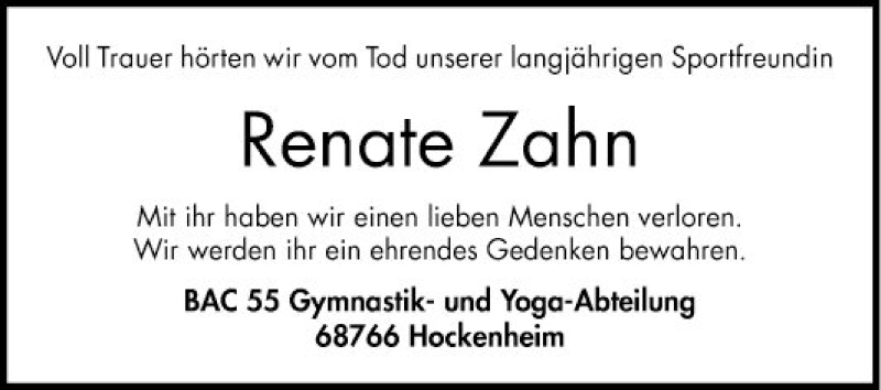  Traueranzeige für Renate Zahn vom 14.01.2020 aus Schwetzinger Zeitung