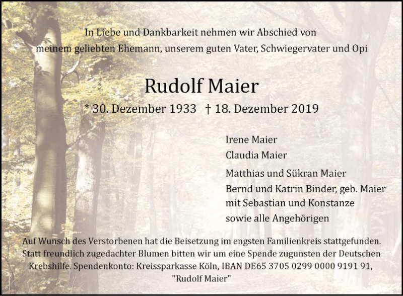 Traueranzeige für Rudolf Maier vom 18.01.2020 aus Mannheimer Morgen