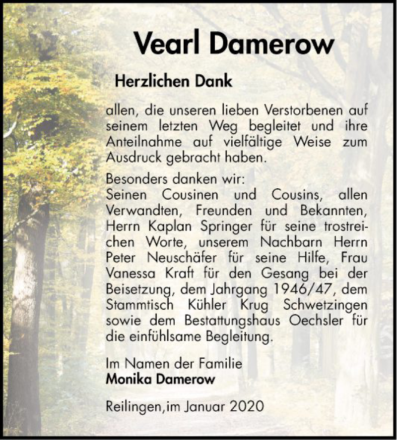  Traueranzeige für Vearl Damerow vom 11.01.2020 aus Schwetzinger Zeitung