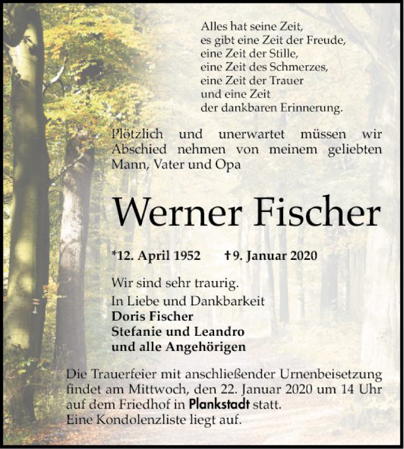  Traueranzeige für Werner Fischer vom 18.01.2020 aus Schwetzinger Zeitung