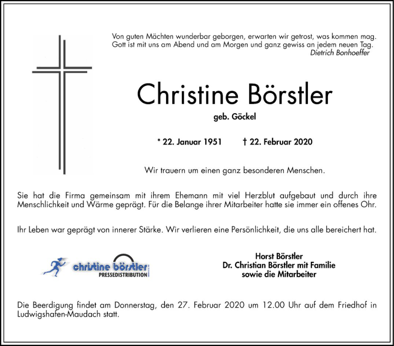  Traueranzeige für Christine Börstler vom 25.02.2020 aus Mannheimer Morgen