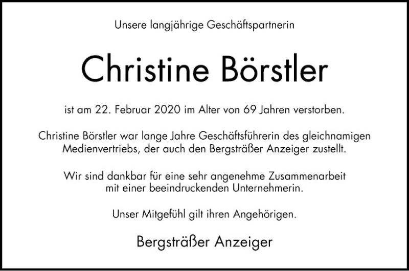  Traueranzeige für Christine Börstler vom 25.02.2020 aus Bergsträßer Anzeiger