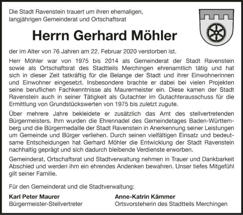  Traueranzeige für Gerhard Möhler vom 26.02.2020 aus Fränkische Nachrichten