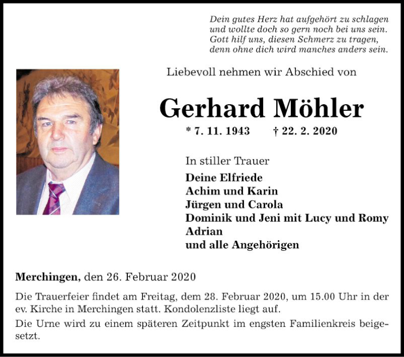  Traueranzeige für Gerhard Möhler vom 26.02.2020 aus Fränkische Nachrichten