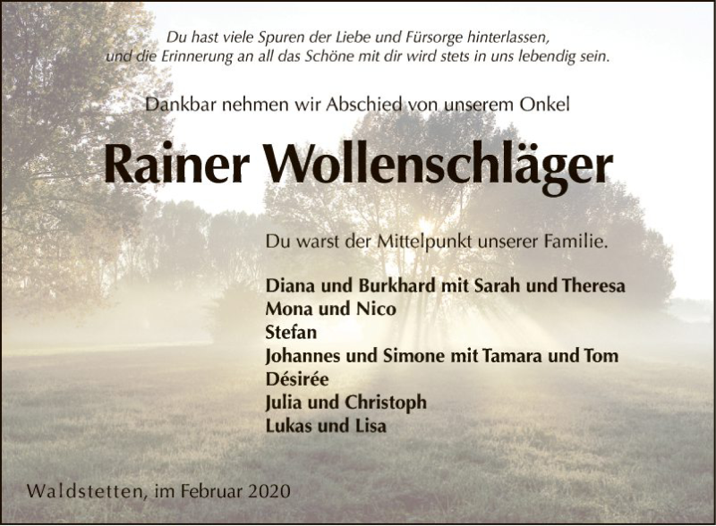  Traueranzeige für Rainer Wollenschläger vom 22.02.2020 aus Fränkische Nachrichten