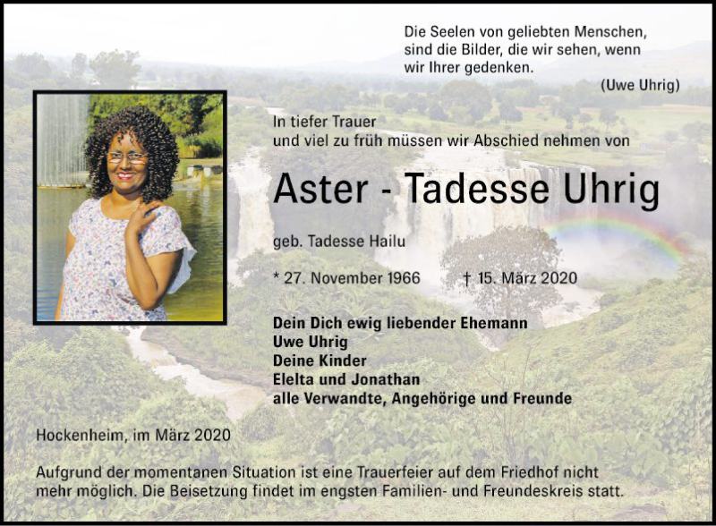  Traueranzeige für Aster-Tadesse Uhrig vom 20.03.2020 aus Schwetzinger Zeitung