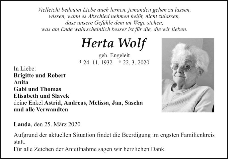  Traueranzeige für Herta Wolf vom 25.03.2020 aus Fränkische Nachrichten