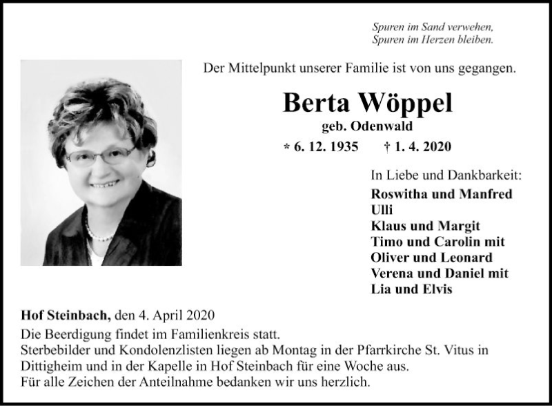  Traueranzeige für Berta Wöppel vom 04.04.2020 aus Fränkische Nachrichten