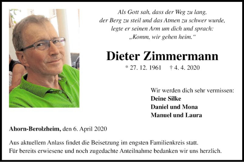  Traueranzeige für Dieter Zimmermann vom 06.04.2020 aus Fränkische Nachrichten