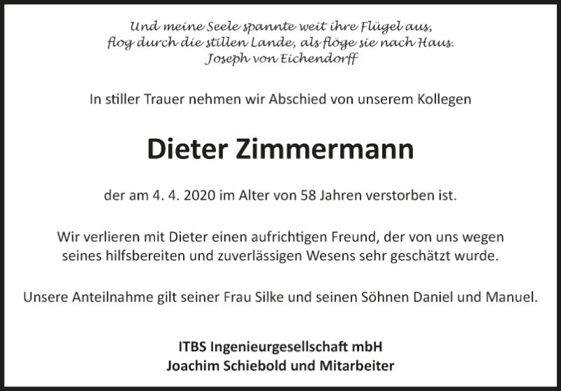 Traueranzeige für Dieter Zimmermann vom 08.04.2020 aus Fränkische Nachrichten