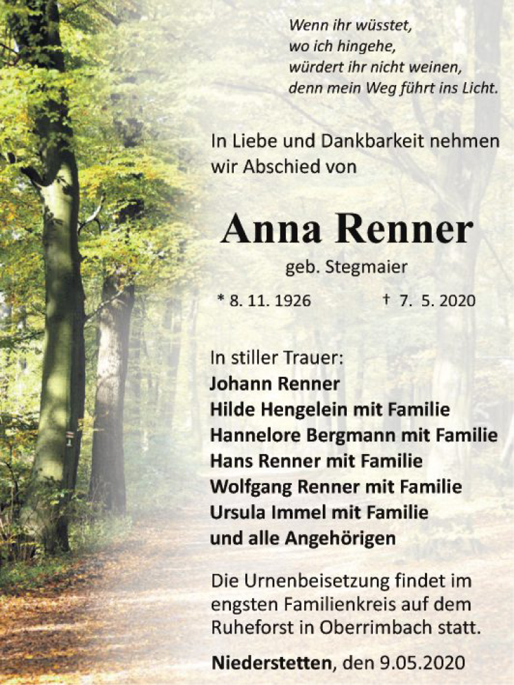  Traueranzeige für Anna Renner vom 09.05.2020 aus Fränkische Nachrichten