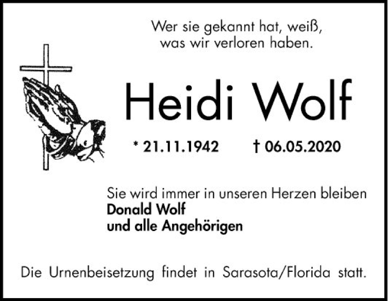  Traueranzeige für Heidi Wolf vom 13.05.2020 aus Mannheimer Morgen