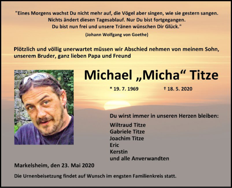  Traueranzeige für Michael Titze vom 23.05.2020 aus Fränkische Nachrichten