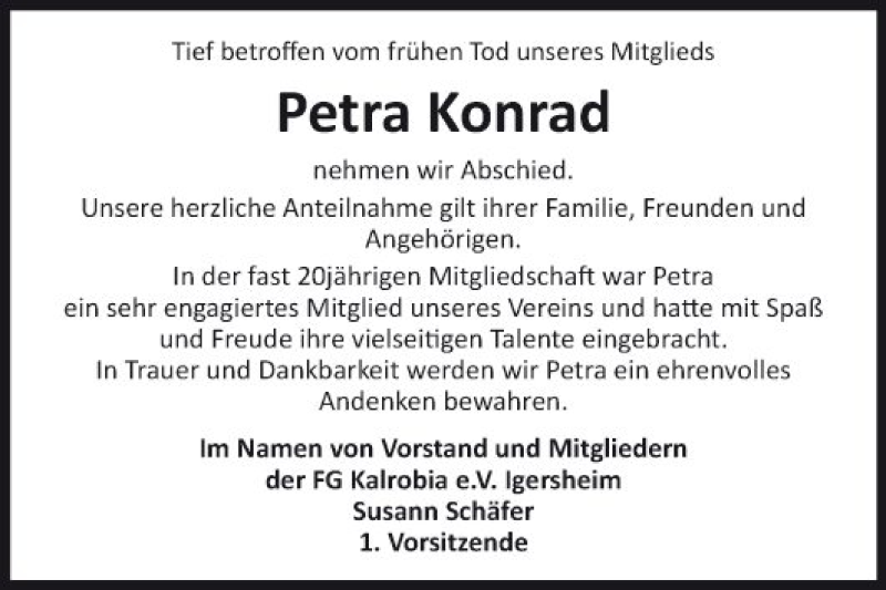  Traueranzeige für Petra Konrad vom 09.05.2020 aus Fränkische Nachrichten