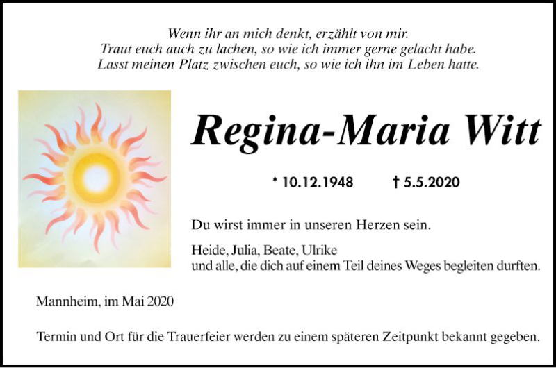  Traueranzeige für Regina-Maria Witt vom 30.05.2020 aus Mannheimer Morgen