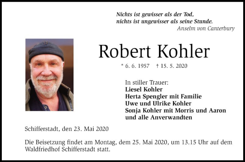  Traueranzeige für Robert Kohler vom 23.05.2020 aus Mannheimer Morgen