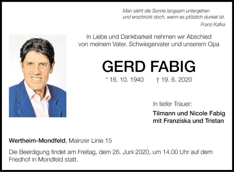  Traueranzeige für Gerd Fabig vom 23.06.2020 aus Fränkische Nachrichten