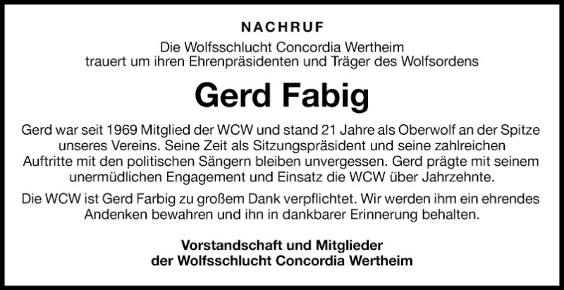  Traueranzeige für Gerd Fabig vom 25.06.2020 aus Fränkische Nachrichten