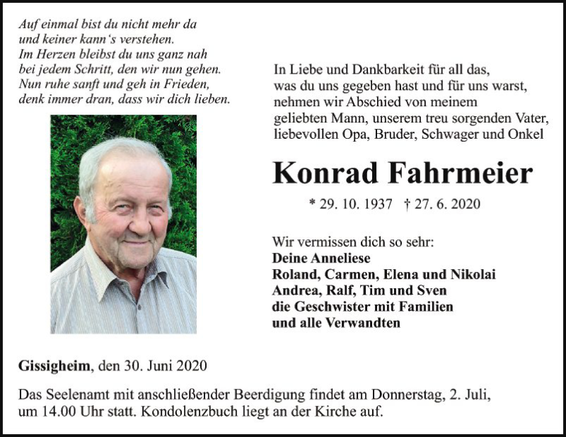  Traueranzeige für Konrad Fahrmeier vom 30.06.2020 aus Fränkische Nachrichten