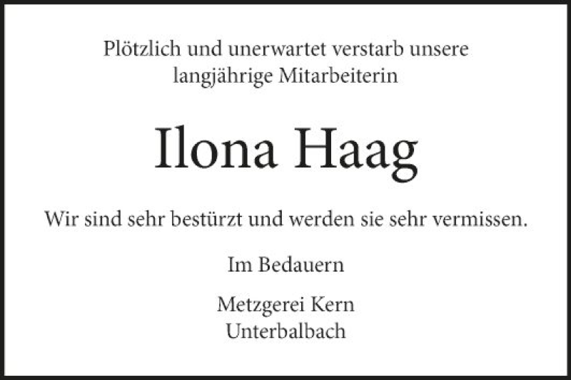  Traueranzeige für Ilona Haag vom 09.07.2020 aus Fränkische Nachrichten