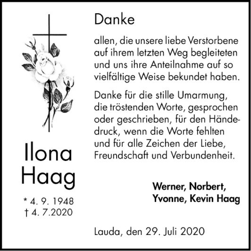  Traueranzeige für Ilona Haag vom 29.07.2020 aus Fränkische Nachrichten