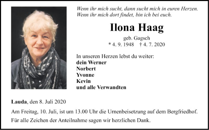  Traueranzeige für Ilona Haag vom 08.07.2020 aus Fränkische Nachrichten