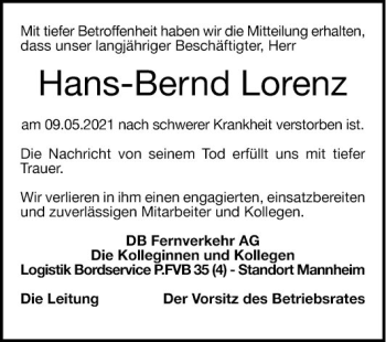 Traueranzeige von Hans-Bernd Lorenz von Mannheimer Morgen
