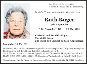 Traueranzeige von Ruth Rüger von Fränkische Nachrichten