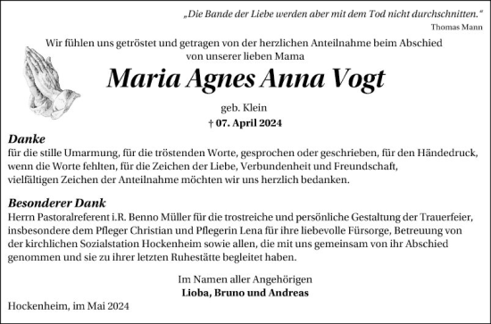 Traueranzeige von Maria Agnes Anna Vogt von Schwetzinger Zeitung