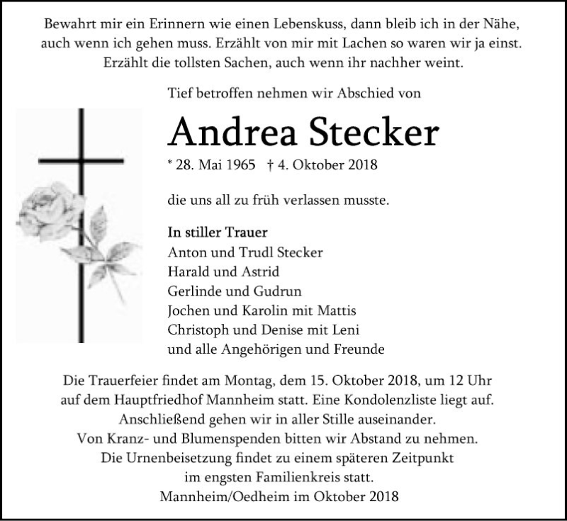  Traueranzeige für Andrea Stecker vom 13.10.2018 aus Mannheimer Morgen